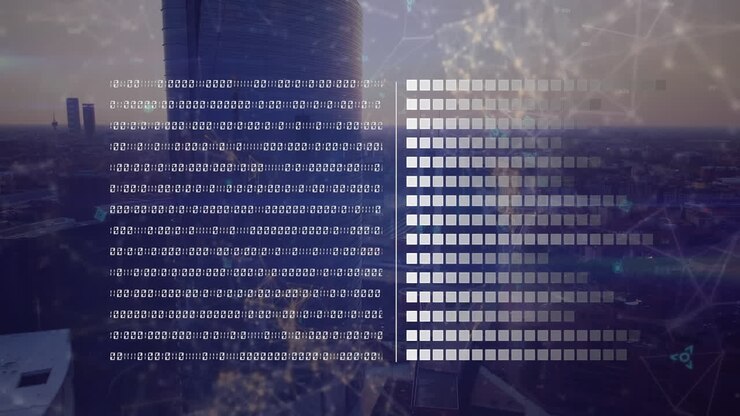 Animation of network of connections and data processing over cityscape