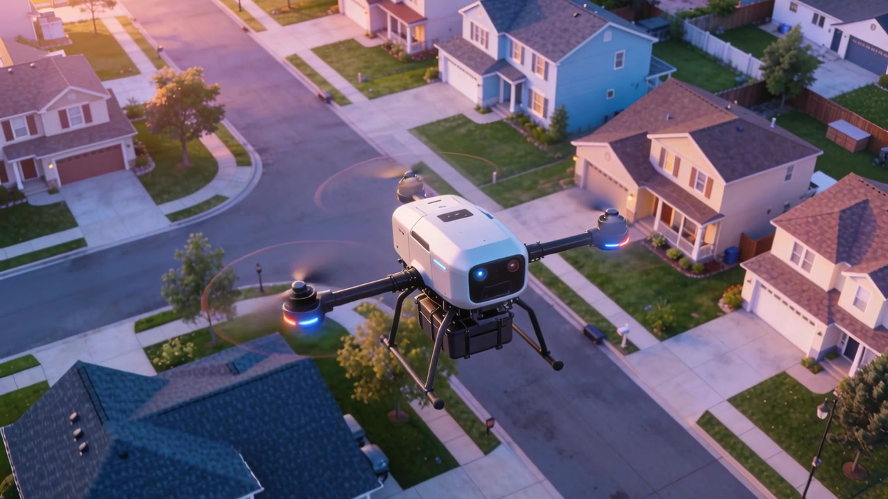 Flying white drone lights on, cruising over suburban streets at sunset for delivery, cargo bay seen