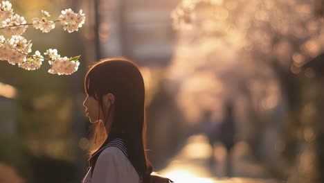 Golden hour illuminates a serene scene of a Japanese student walking under a canopy of cherry blossoms, her profile highlighted against the soft light