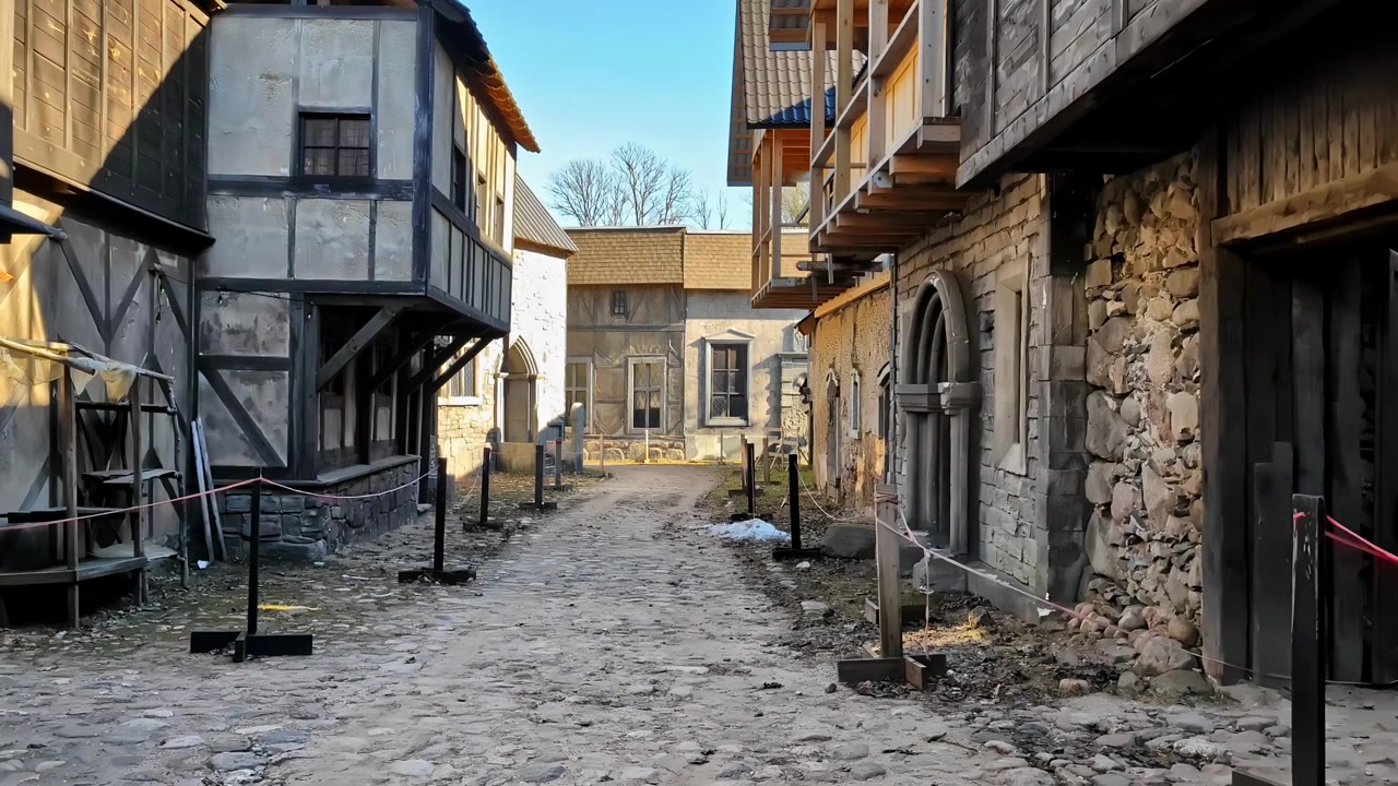 Straßenansicht eines alten europäischen Dorfes mit engen Gassen und historischen Steingebäuden auf beiden Seiten, langsame Kamerafahrt nach unten über eine alte historische Nachstellungsstätte.