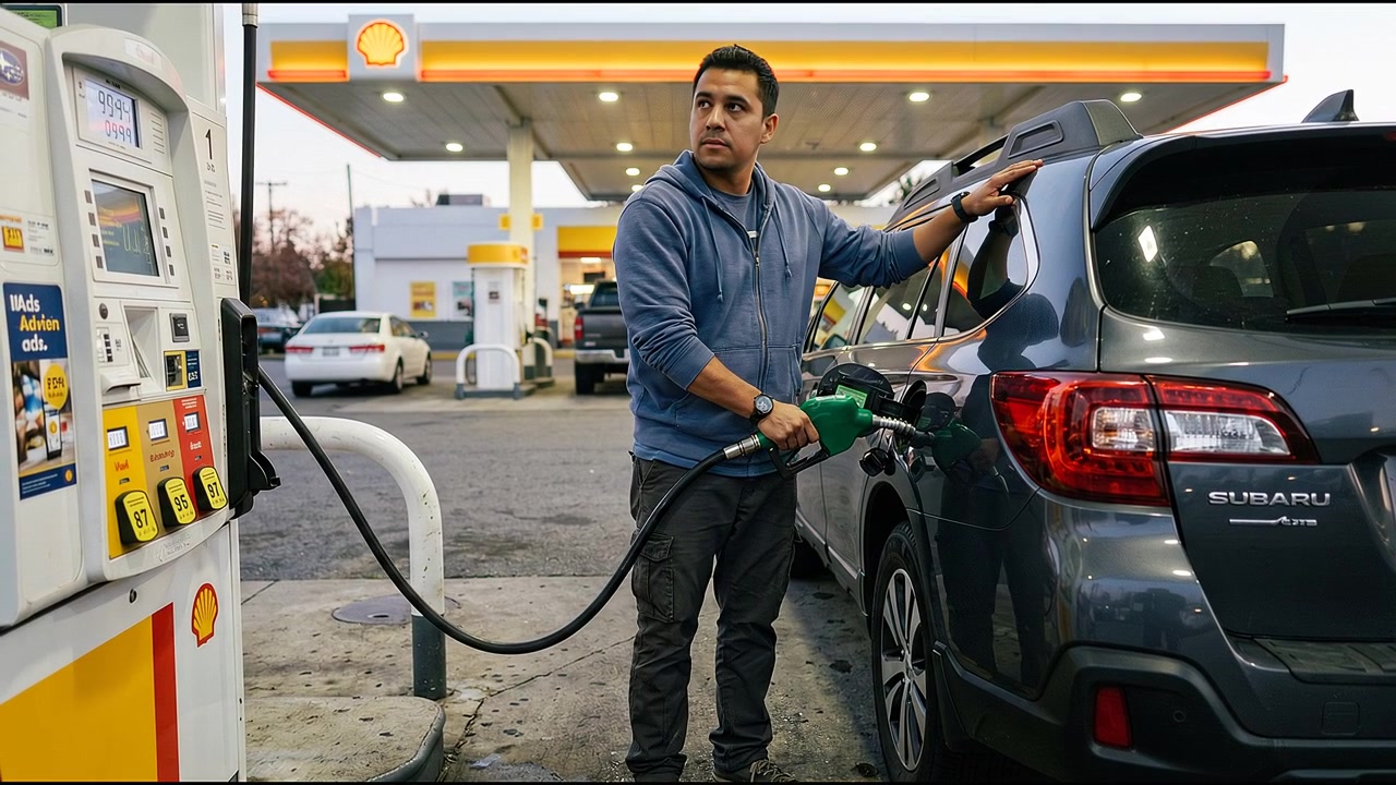 Hombre repostando coche en una gasolinera, vistiendo ropa informal durante el día.