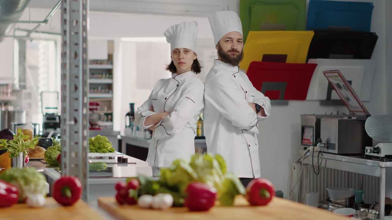 Portrait of authentic cooks sitting back to back in gourmet kitchen