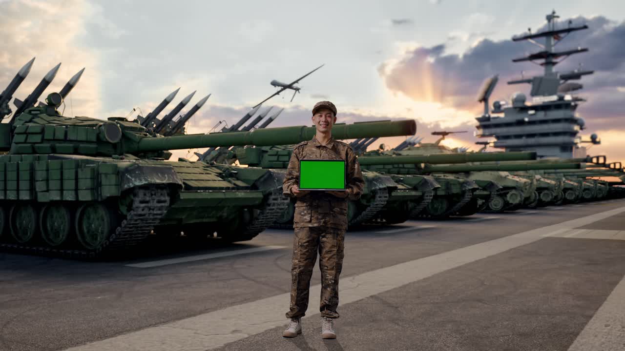 Soldato asiatico a figura intera sorridente che mostra un portatile con schermo verde alla telecamera mentre è in piedi accanto a un carro armato