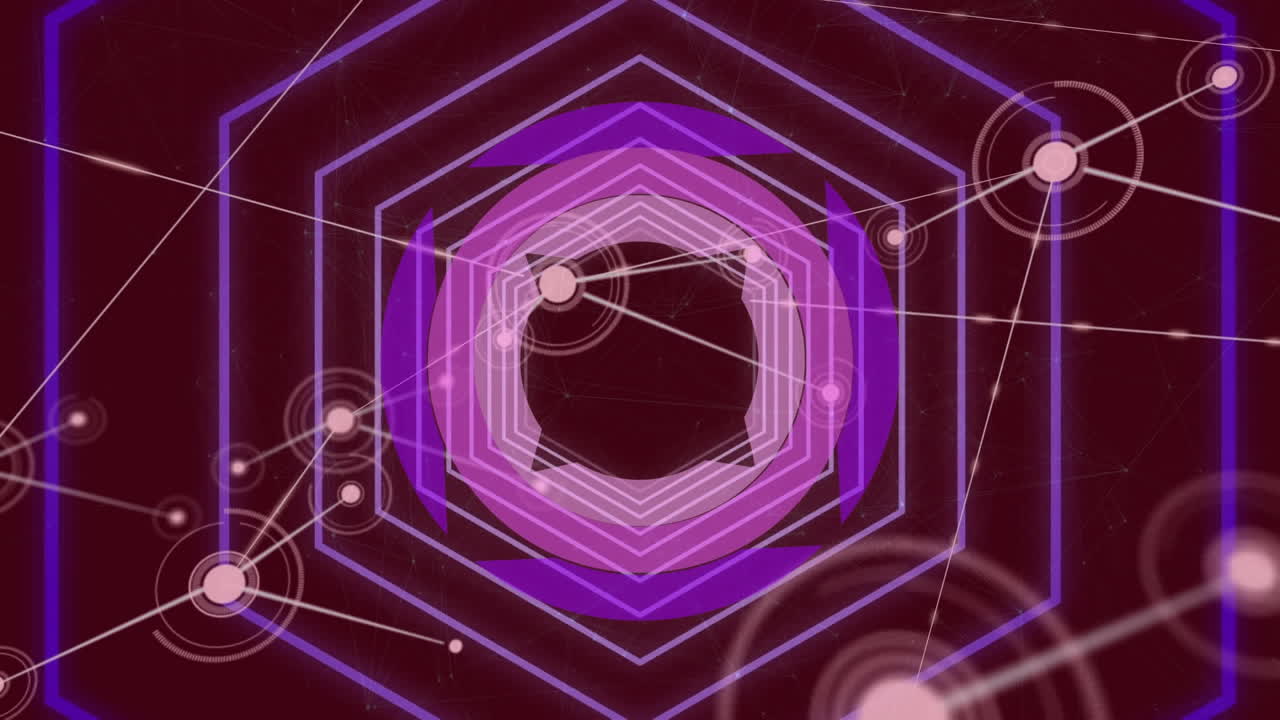 육각형의 애니메이션과 빛나는 반점과 연결의 네트워크를 통해 범위 스캐닝