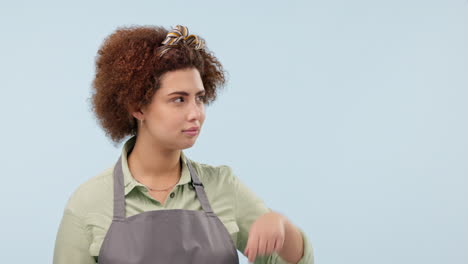 waitress, pointing and face of woman in studio