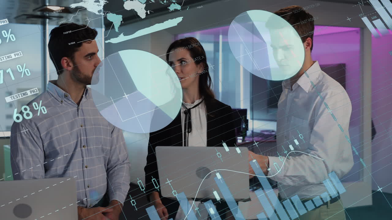 animación del procesamiento de datos estadísticos sobre diversos empresarios que se dan la mano en la oficina