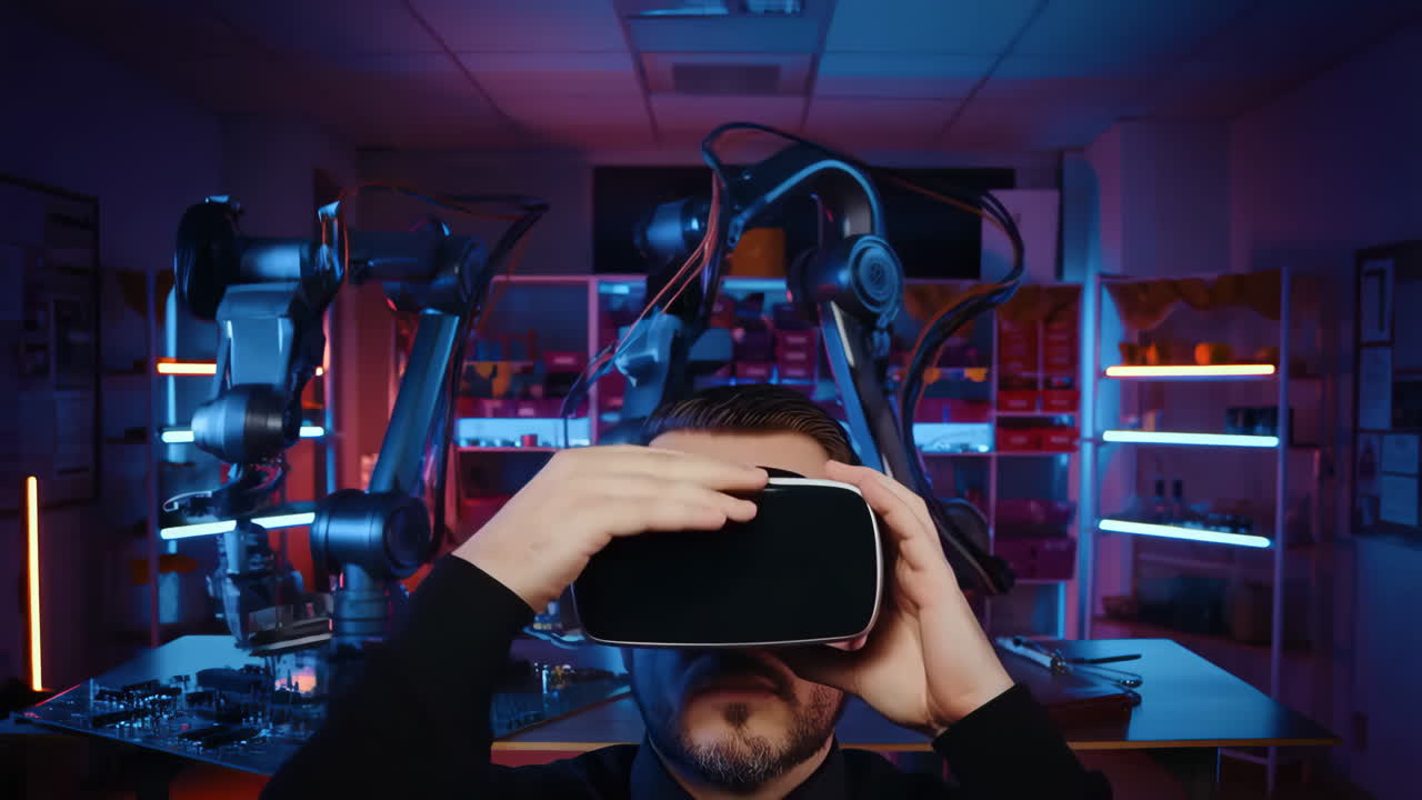 Man wearing VR headset in a futuristic lab with robotic arms