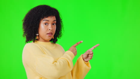 Woman,-pointing-or-green-screen-for-presentation