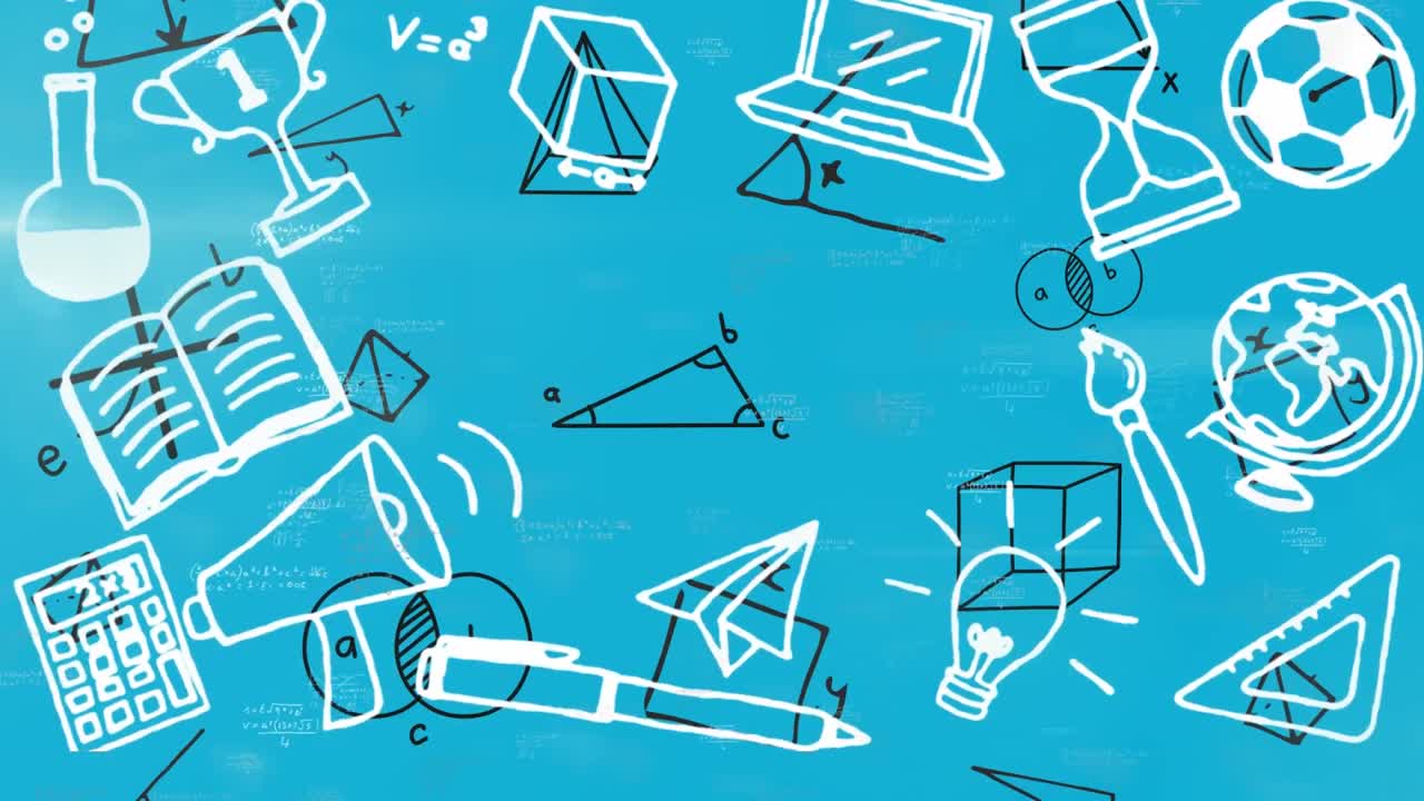 icone di concetti scolastici contro simboli matematici ed equazioni su sfondo blu