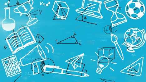 iconos de conceptos escolares contra símbolos matemáticos y ecuaciones en fondo azul