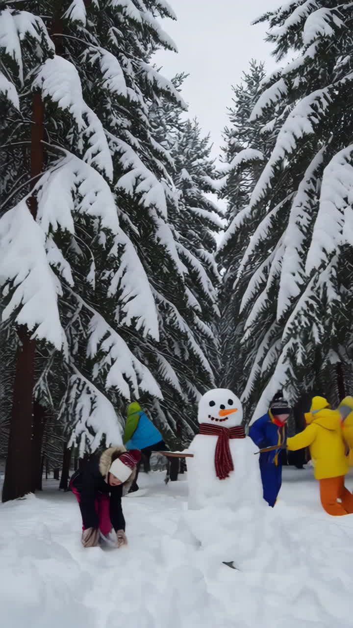 Children playing in a snowy winter forest with a snowman