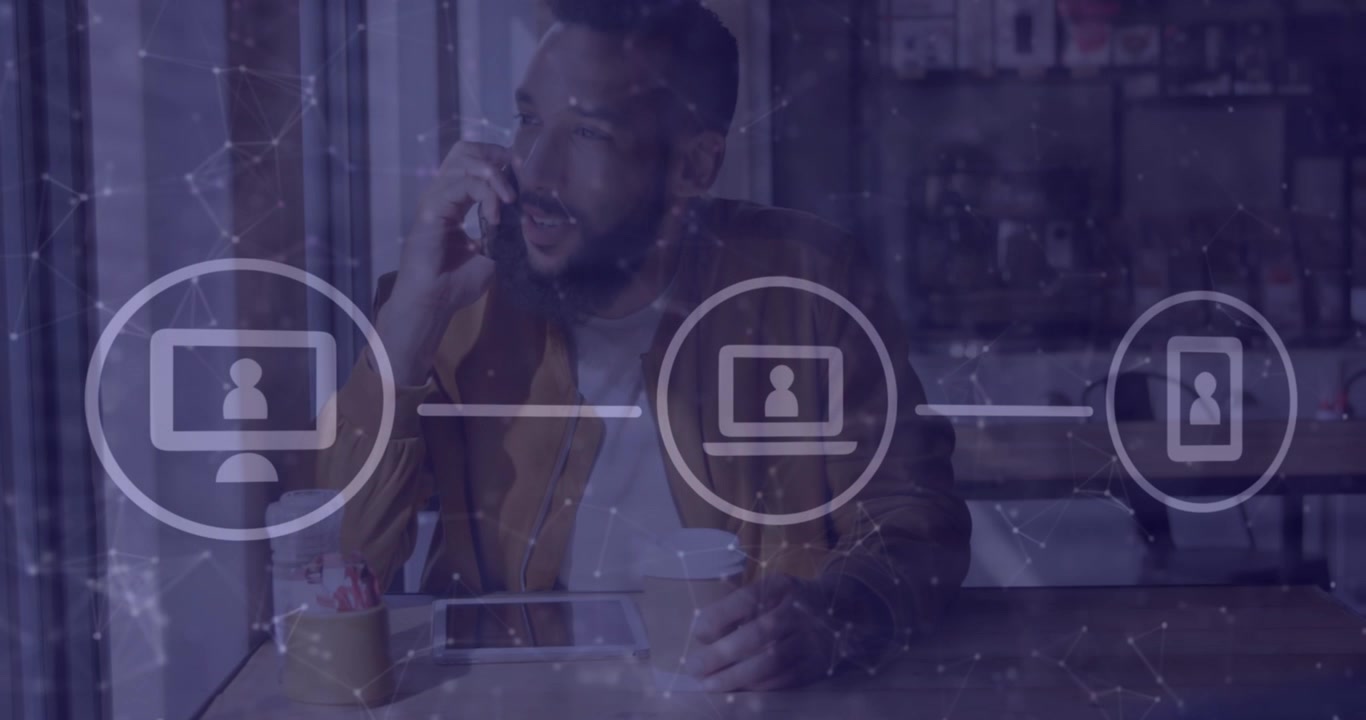 Animation of network of digital icons over african american man talking on smartphone at a cafe