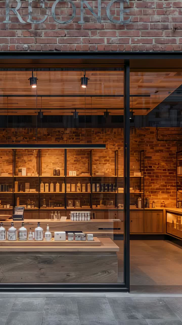 Vertical video: Panning camera from sidewalk revealing brick sign and warm wood counter with jars