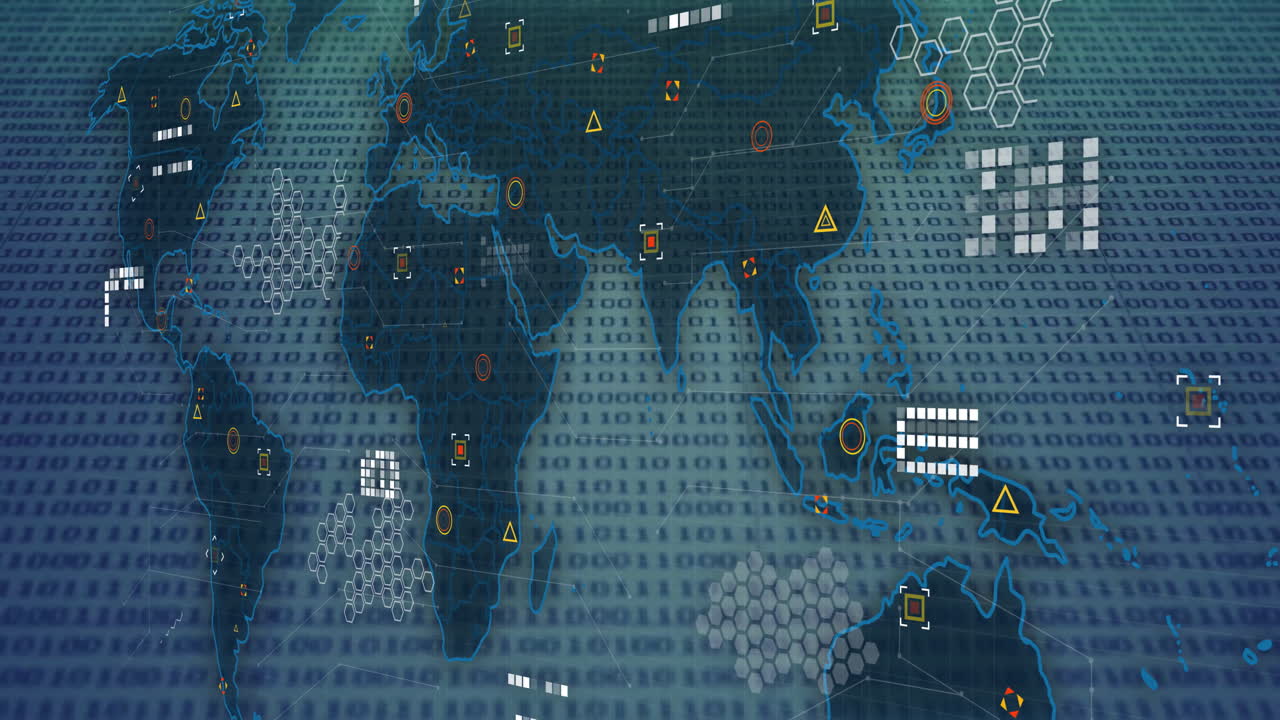 Binary code and network connections animation over world map