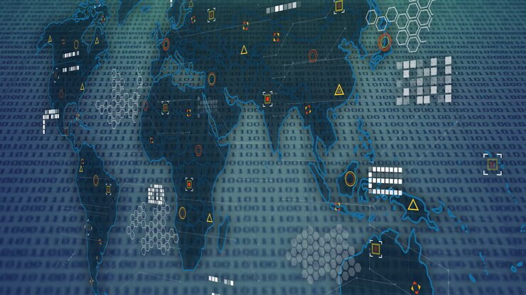 Binary code and network connections animation over world map