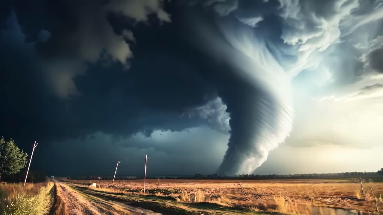 Time-lapse of a tornado forming on a rural field, near a countryside road, video