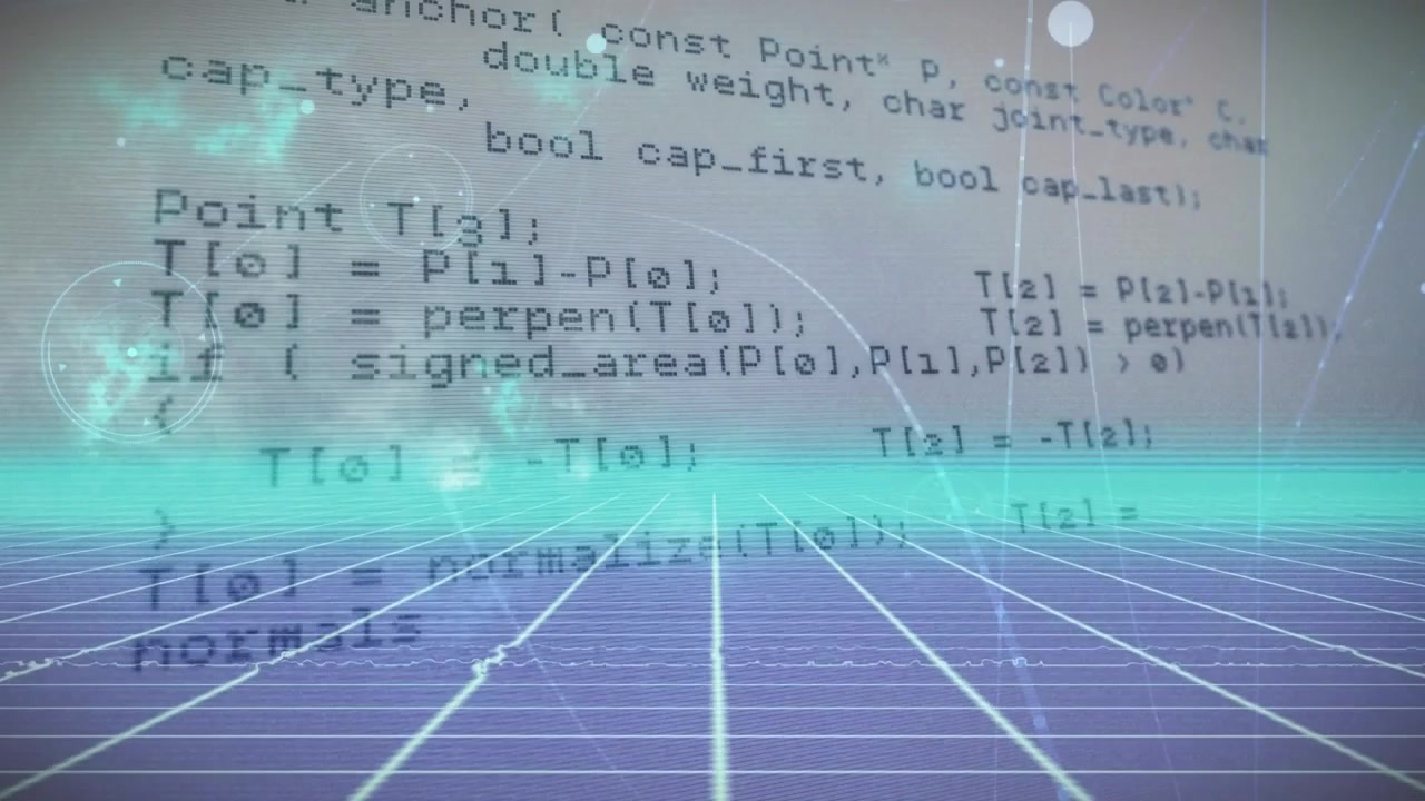 Animation of computer data processing over grid on purple and blue background