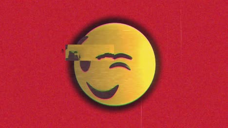 Animation-of-smiley-face-emoji-icon-with-glitch-on-red-background