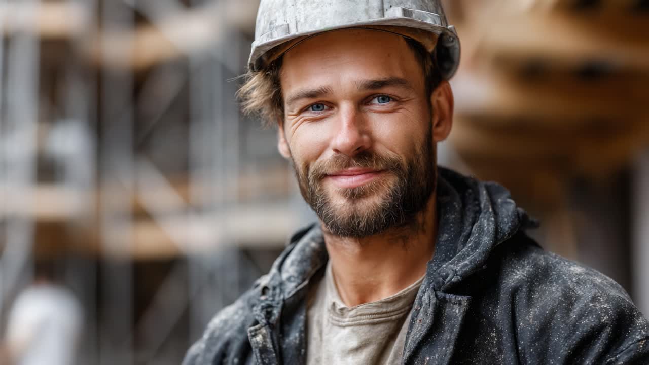 A confident construction worker smiles warmly at the camera, embodying dedication and craftsmanship, amidst a busy building site filled with scaffolding and active workers