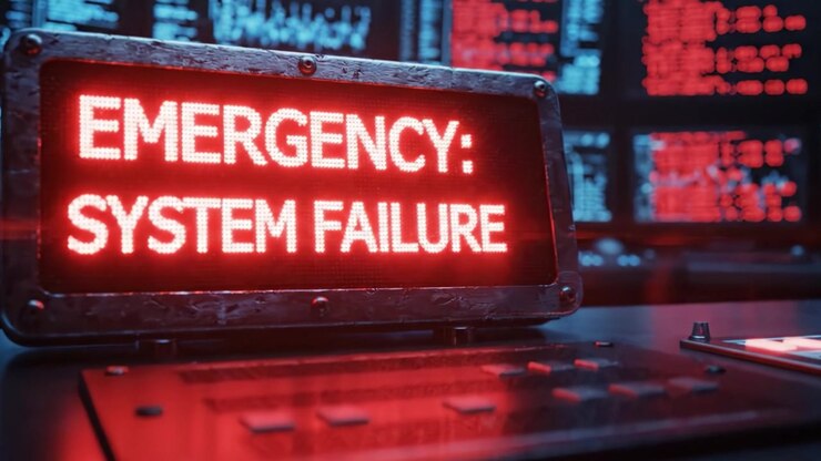 Crisis Alert: Visual Representation of a Complete System Failure in a High-Tech Control Room with Emergency Notifications Glowing in Red