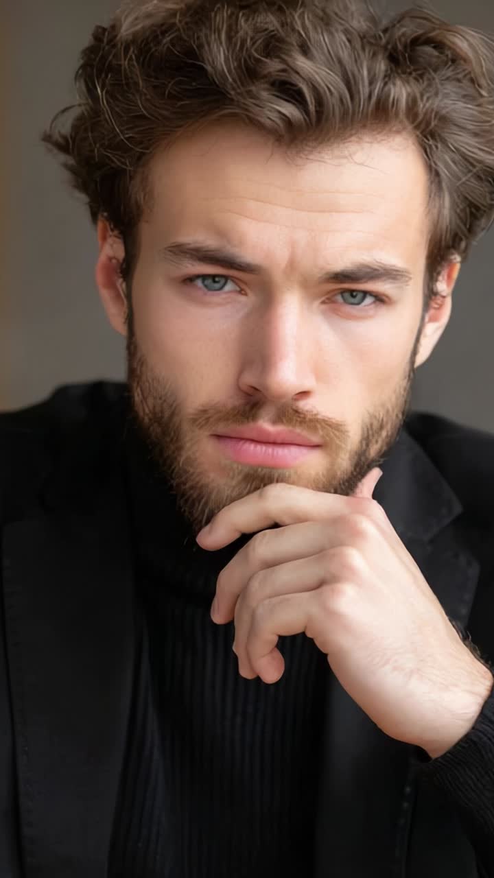 A contemplative young man with striking features, deep blue eyes, and a well-groomed beard showcases a thoughtful expression, providing an intriguing glimpse into personality and style