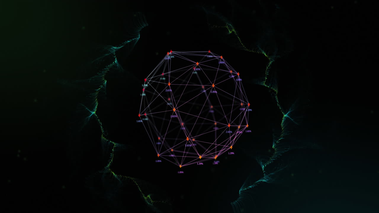 Animation of globe of network of connections spinning with green light trails over black background