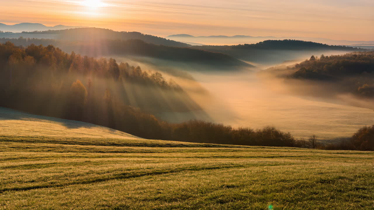 Sunrise Over a Misty Valley with Golden Light Rays