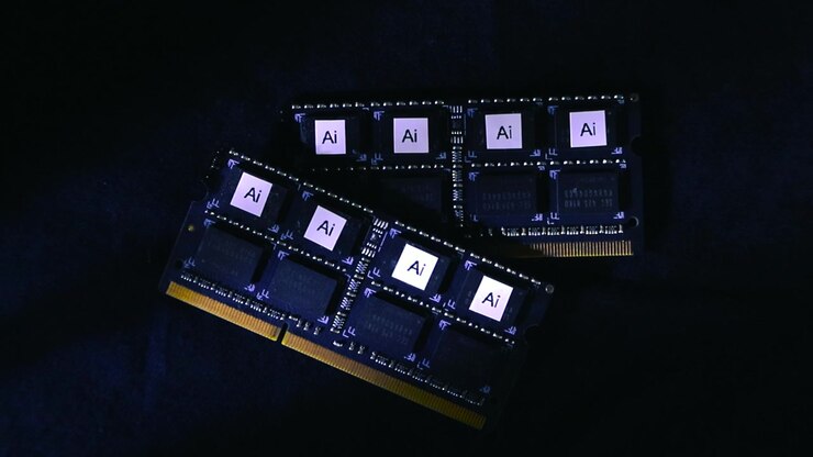 Chip di memoria per computer con un logo AI che rappresenta l'intelligenza artificiale e la tecnologia informatica avanzata su uno sfondo scuro e texturizzato con una profondità di campo ridotta