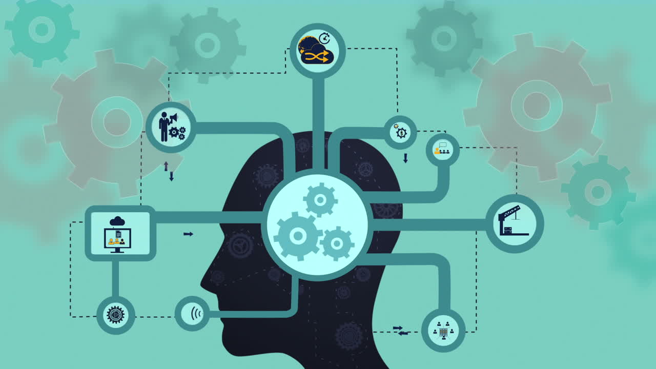 pensamientos que aparecen en el cerebro con engranajes