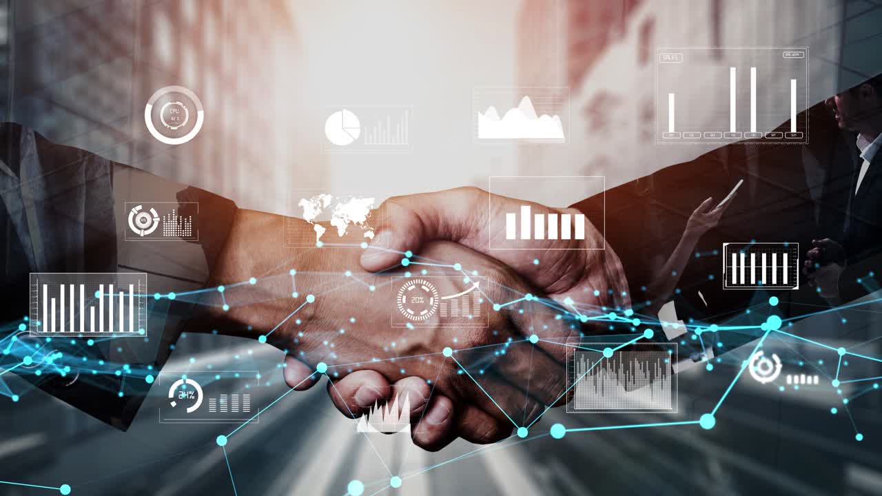 Conceptual business handshake with dashboard for financial data analysis