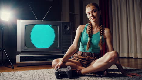 woman playing vintage video game