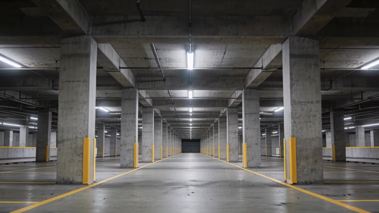Inquadratura iniziale che avvia la registrazione della telecamera, mostrando la vista di un corridoio di garage con colonne e protezioni gialle.