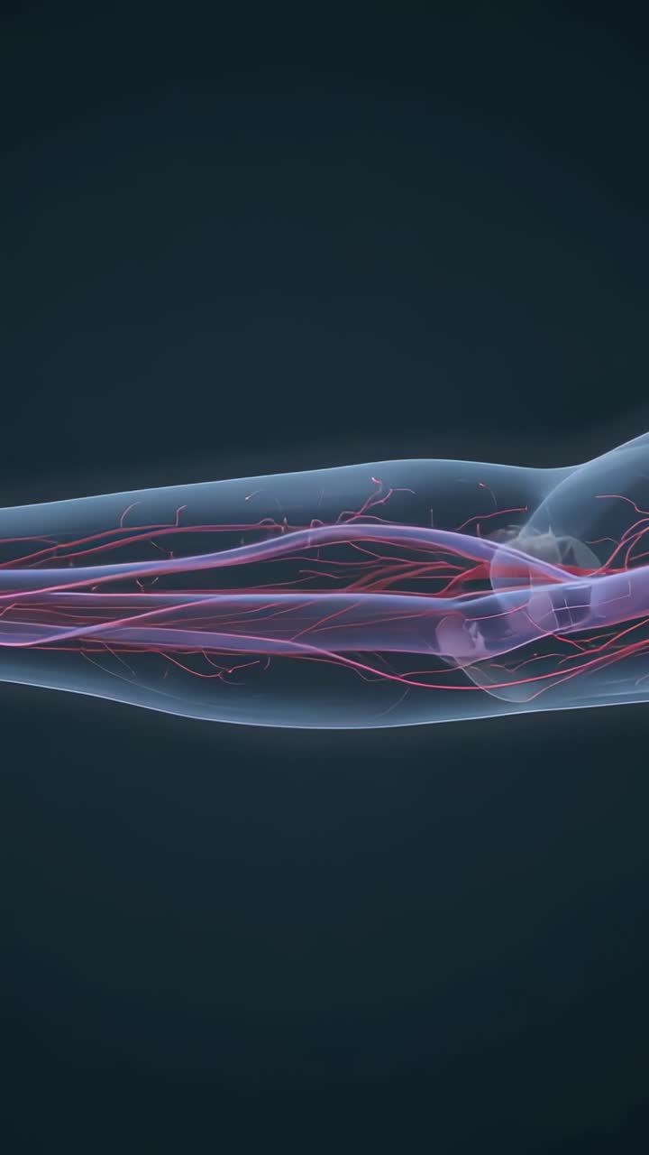 Vertikal video: Animation, der starter med en tydelig 3D-arm, der bøjer albuen i et studie, hvor kar flytter sig for at blive undersøgt
