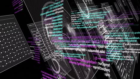 Animation of financial data processing and scope over black background