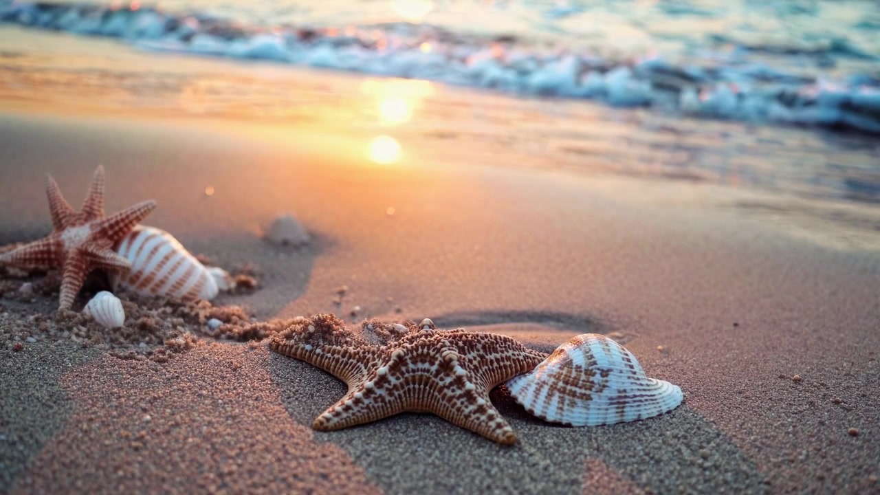 Starfish and Seashells on Sandy Beach at Sunset
