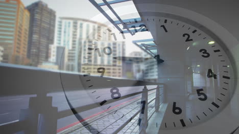 animation of clock moving over train station in city