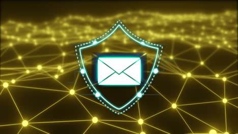 animación de escudo de seguridad de correo electrónico a través de una red de conexiones amarillas brillantes