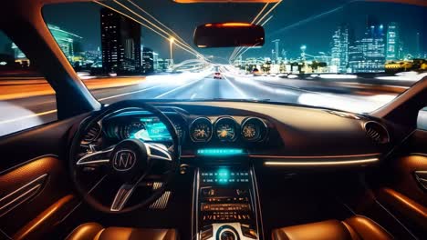 a view of the interior of a car driving on a city street at night