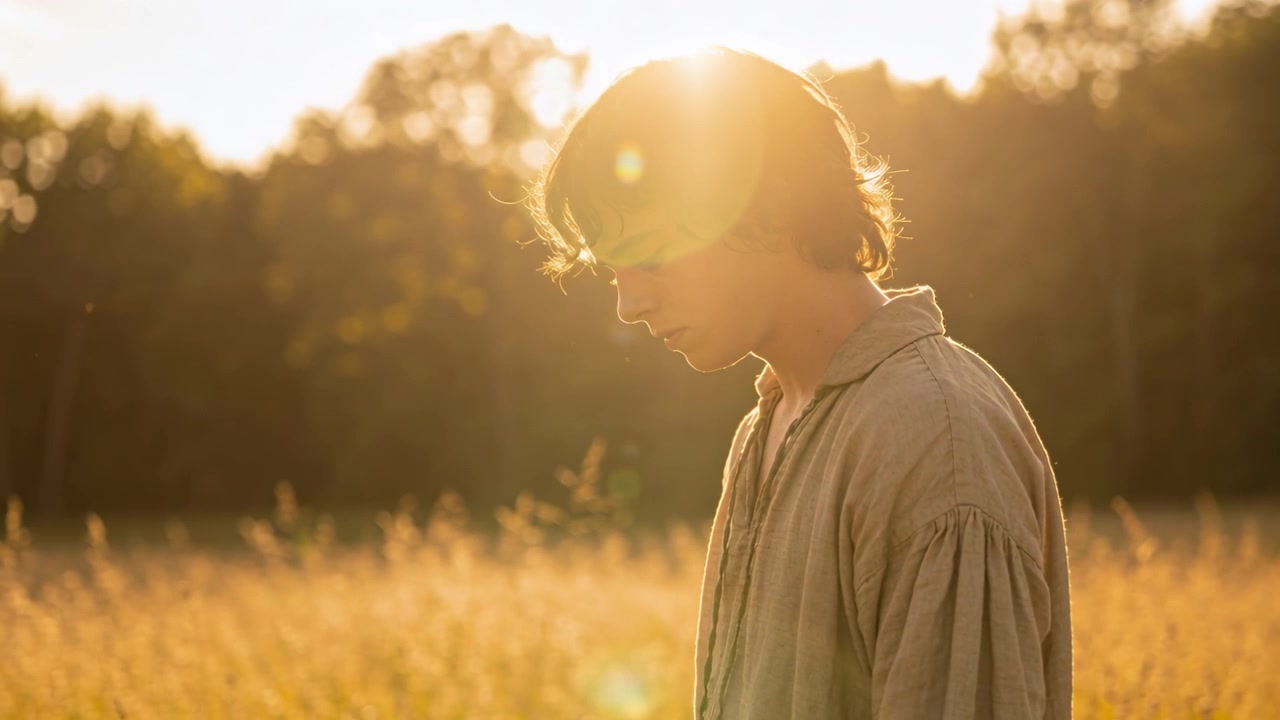 Lens Flare, fahrender Teenager-Junge, der das Kinn senkt, den Kopf neigt und über ein Weizenfeld blickt, Leinenhemd, Freiraum für Text