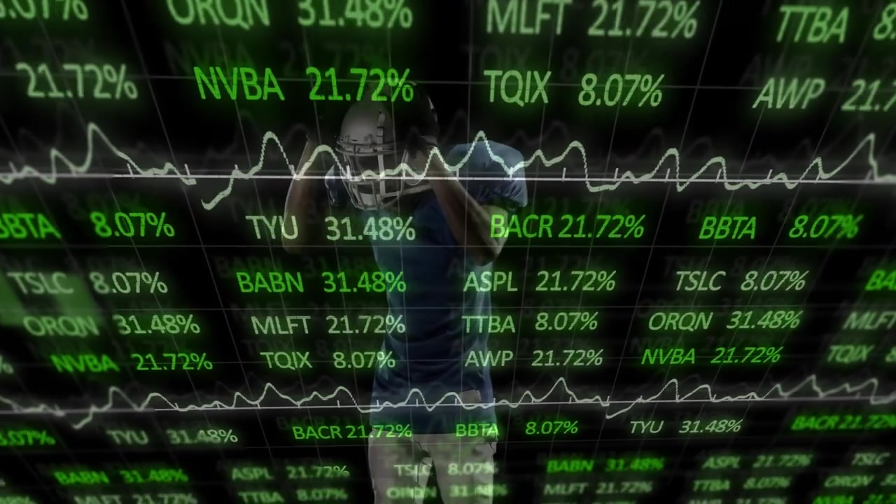 Fotballspiller løfter hånden til hjelmen og aktiverer et finansdatanett som viser stigende prosenter.