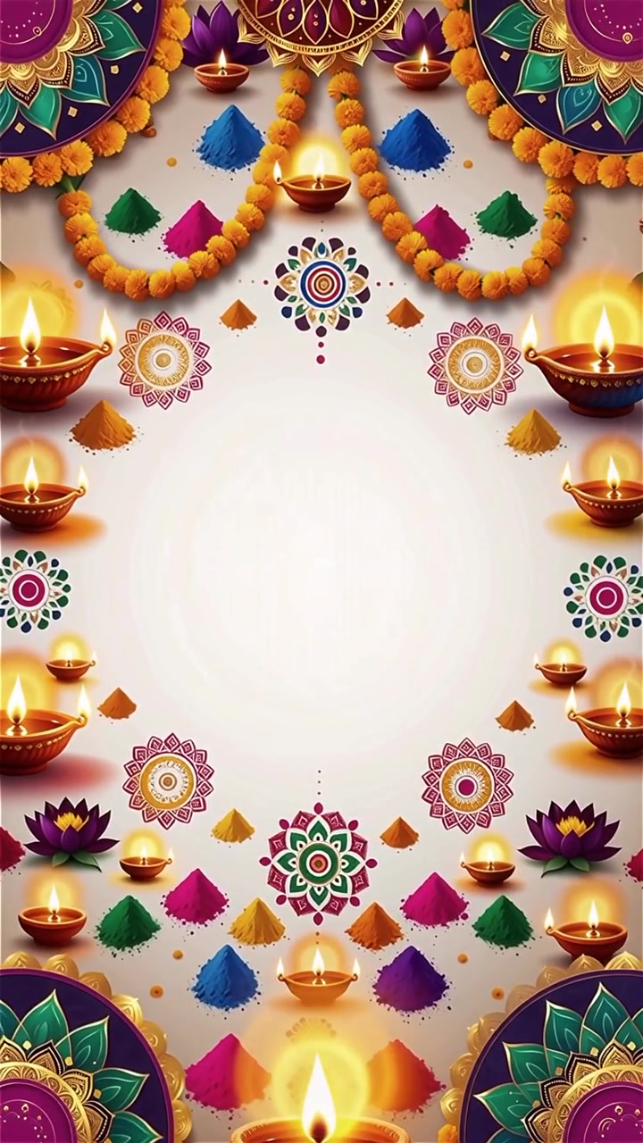 Sfondo Diwali con Diyas luminosi, Rangoli e fiori di loto