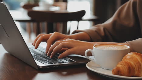 working on a laptop in a cafe with coffee and croissant
