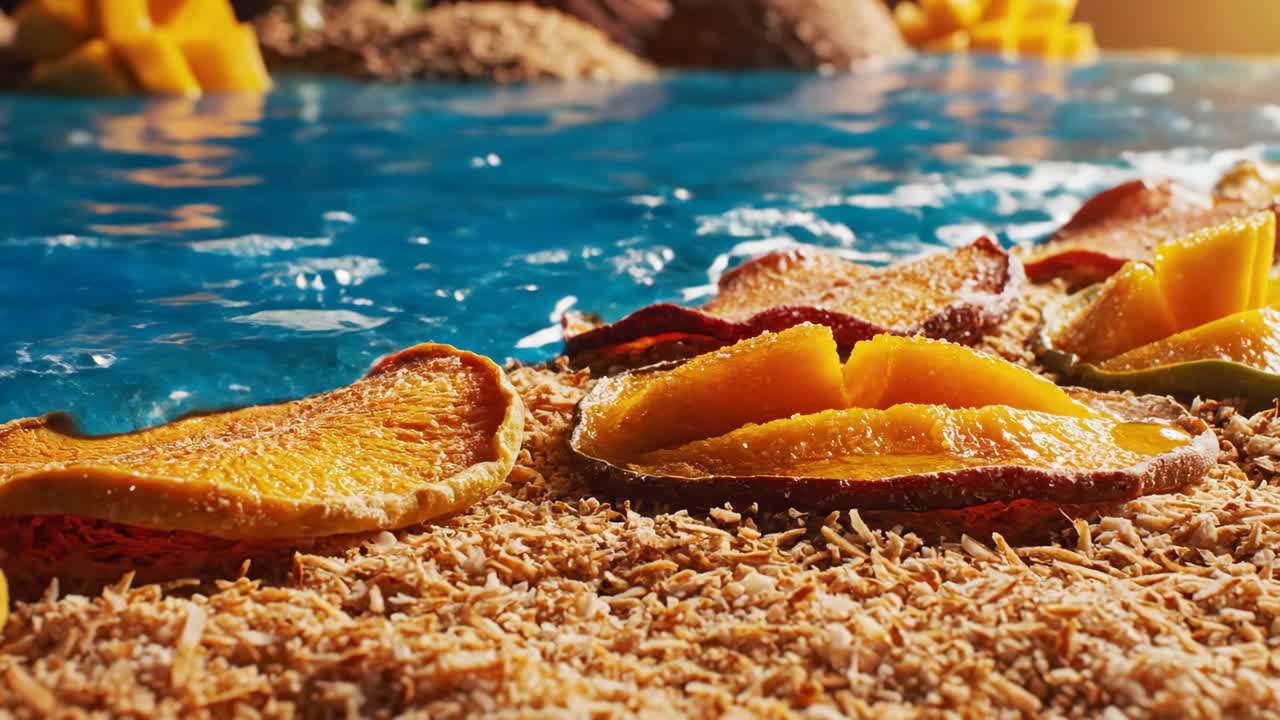 Fette di mango su una spiaggia