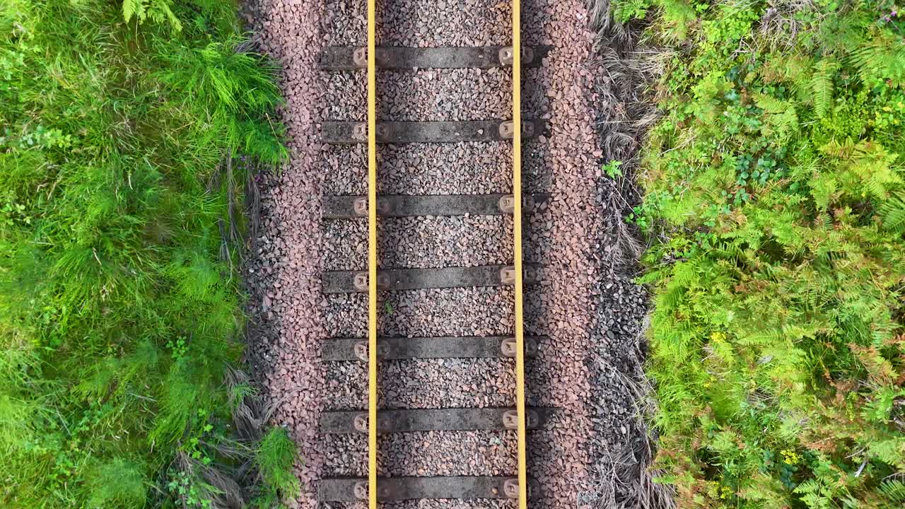 Aerial drone view of railway tracks through lush green Highlands landscape in bright daylight