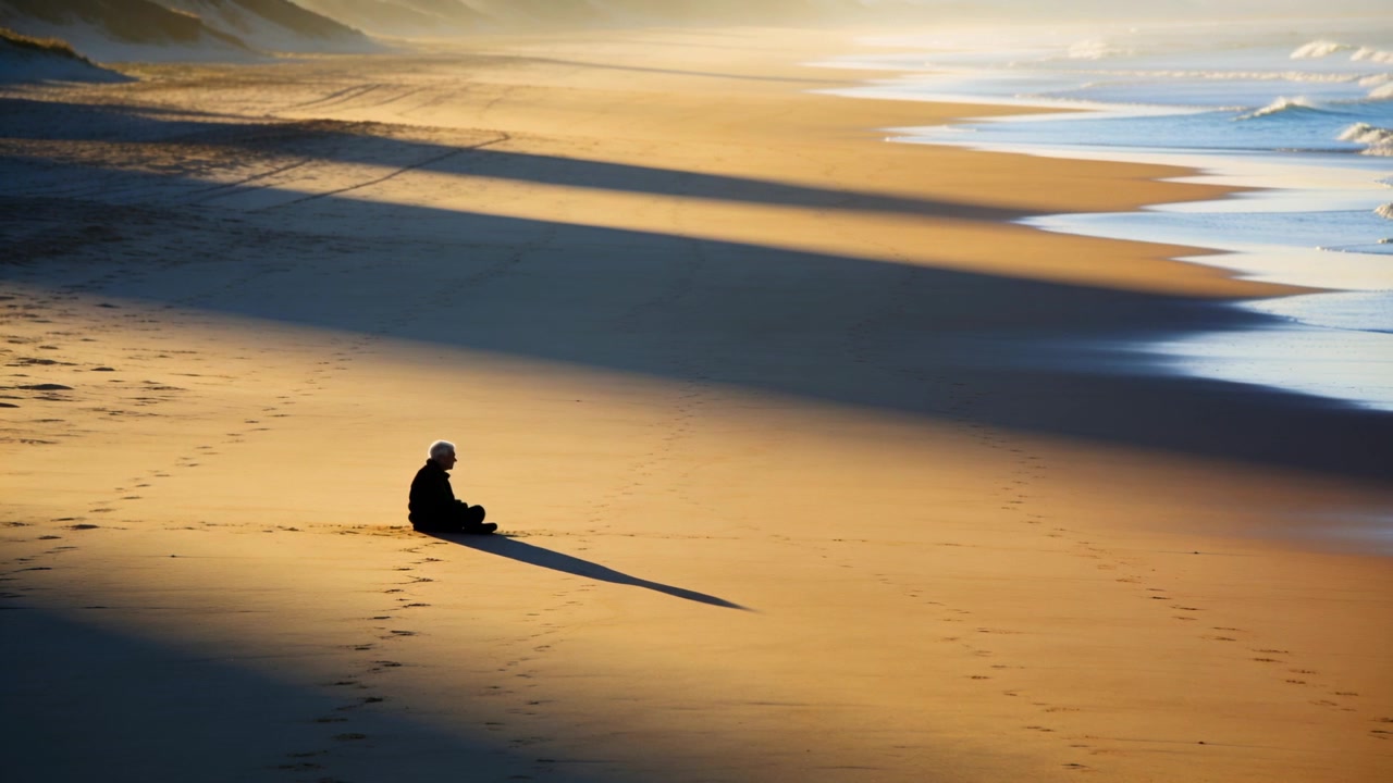 Anziano seduto con cappotto scuro e cappello chiaro che osserva l'oceano all'alba, con impronte che si allontanano, spazio per il testo