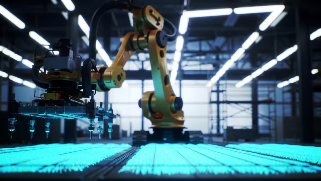 Advanced Robotics in Action: A High-Tech Robotic Arm Precision-Positioning Components on a Futuristic Production Line with Illuminated Work Surface