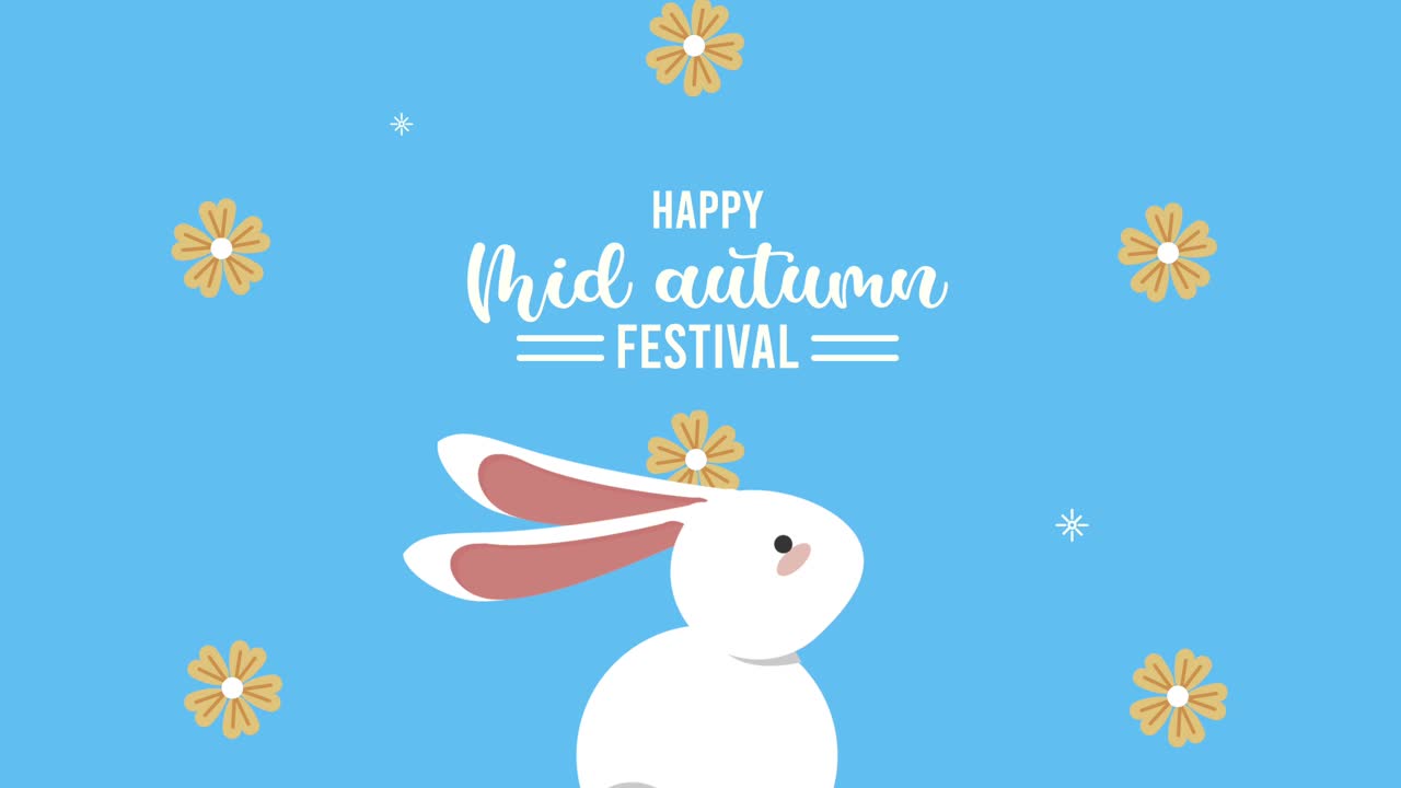 happy mid autumn festival lettering with rabbit and flowers