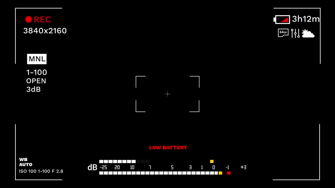 Horizontal 16:9 professional camera viewfinder screen with 4k data, low battery warning, and audio levels. For filmmaking or tech concepts