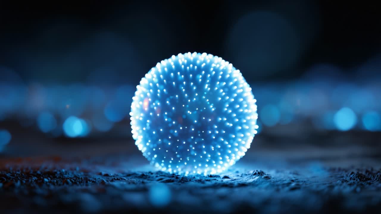 Una sfera incandescente ipnotica mostra intricati modelli di luce e colore, circondata da uno sfondo da sogno di sfere blu scintillanti e toni suggestivi