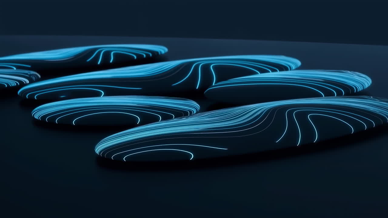 Dark Glossy Pebble Surface With Neon Outlines, Smooth Rounded Forms With Subtle Reflections, Lowkey Cinematic